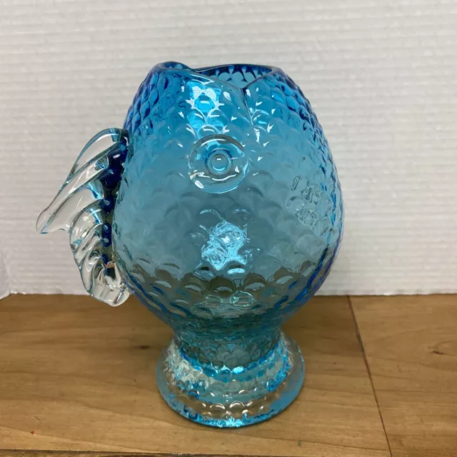 Art Glass Light Blue Fish Vase Hand Blown 8 1/2” Tall