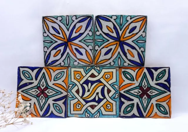 Antique faience tiles, hand painted polychrome tiles Blue, turquoise, orange 4"