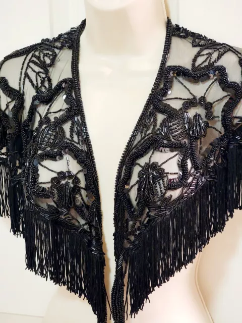 Vintage Black Beaded Sequin Fringe Sheer Formal Evening Shoulder Wrap/Shawl