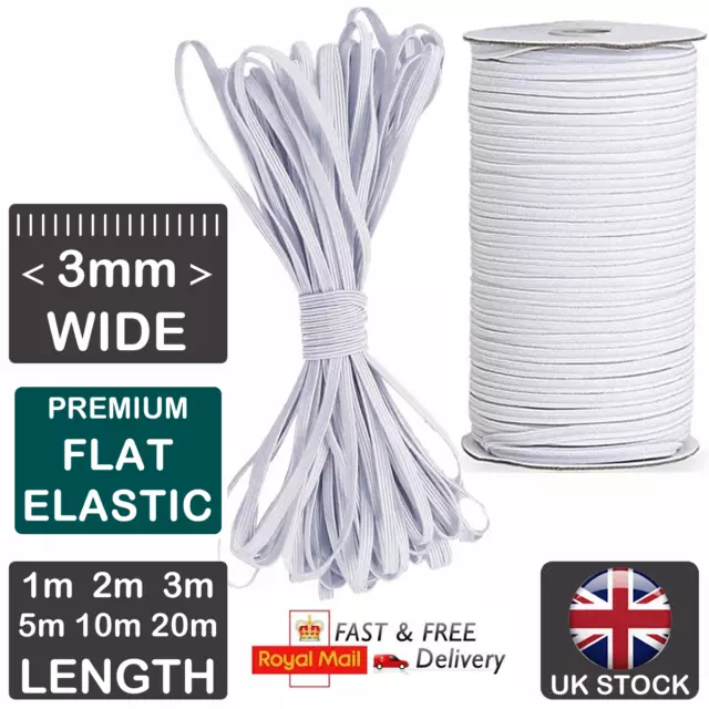 QUALITY 3mm White Flat Elastic Cord For Sewing Making Face Masks Thin Elastic