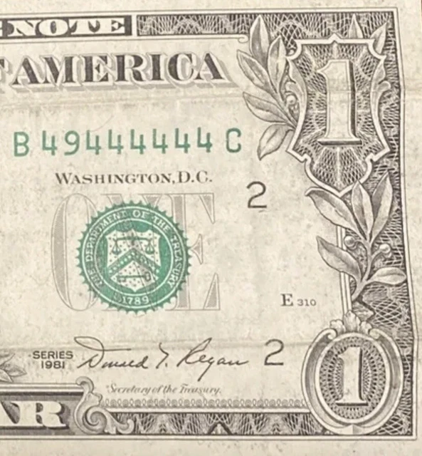 Near Solid Fancy Serial Number 1 Dollar Bill  B49444444C. Series 1981