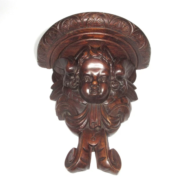 Antique French Hand Carved Wooden Wall Shelf, Angel, Putti, Console d'Applique 2
