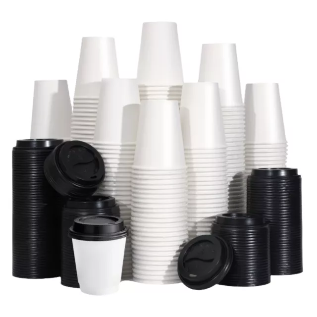 8 oz Disposable Paper Coffee Cups w/ Black Lids Hot/Cold Beverage Drinking Cups