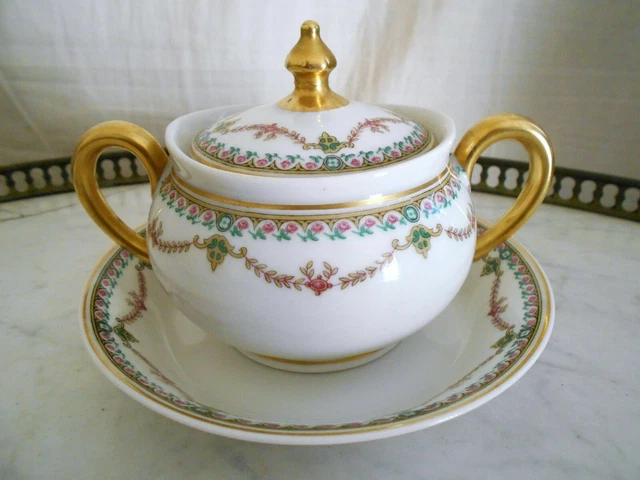 Magnifique Sucrier Sur Plateau En Porcelaine De Limoges France Vignaud