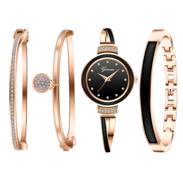 4pcs Women's Ladies Rhinestone Quartz Wrist Watch Bangle Bracelet Set for Gift