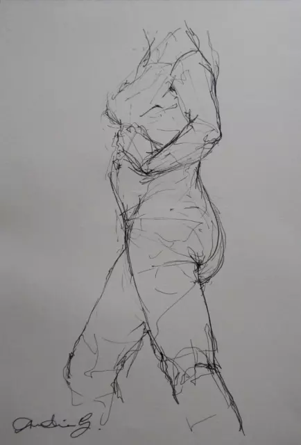 Original Pen & ink Life Drawing Study Sketch of a Female Nude in a Standing Pose