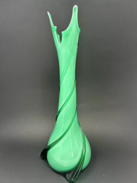 Handblown Swung Cased Glass Art Vase 15.5” Triple Fingered Green White Italy