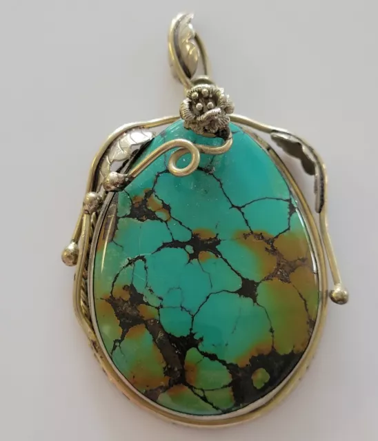 Vintage HUGE IMPORTED Sterling & Natural Green HUBEI Turquoise Pendant