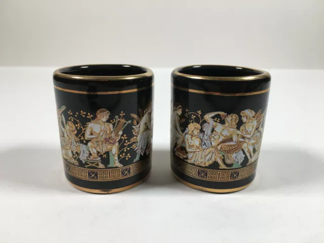 2 Vintage Hand Made Ceramic Black & 24K Gold Egg Cups w/ Ancient Greece Designs