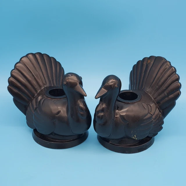 Pottery Barn Turkey Candle Holders Tapers Thanksgiving Black Coated Brass
