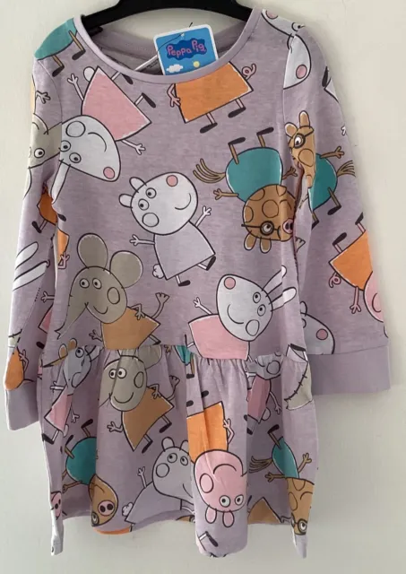 Peppa Pig Pink Long Lilac Sleeved Cotton Dress ~ 12-18 Months