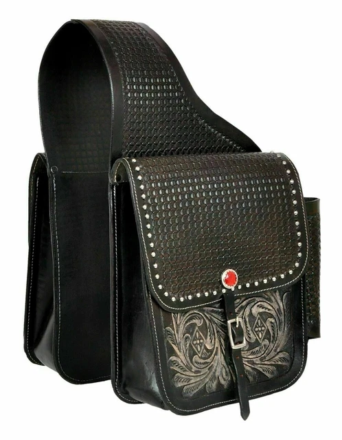 Sacoche arrière en cuir avec vannerie pour selle western