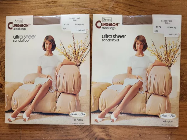 Lot 2 Vintage Sears Cling-alon Stockings Pantyhose Sandalfoot Sandstone Tall