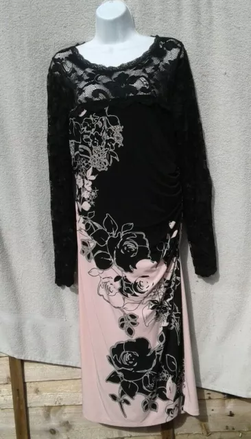 Women's Phase Eight Black Pink Floral Lace Long Sleeve Party Dress Size 16