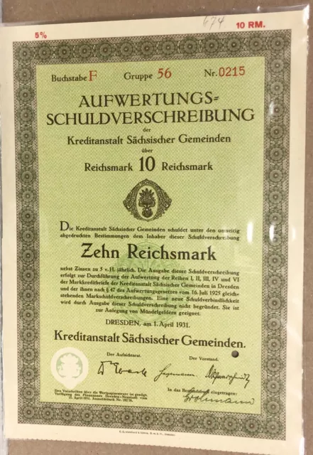 1931 German  5 % BOND AUFWERTUNGS=SCHULDVERSCHREINBUNG in Plastic #0215