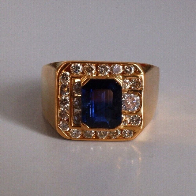 Solid 14K Yellow Gold Natural Blue Sapphire & Diamond Men's Wedding Ring 2.60ct
