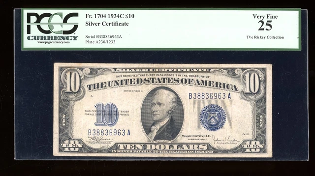 DBR 1934-C $10 Silver Fr. 1704 PCGS 25 Serial B38836963A