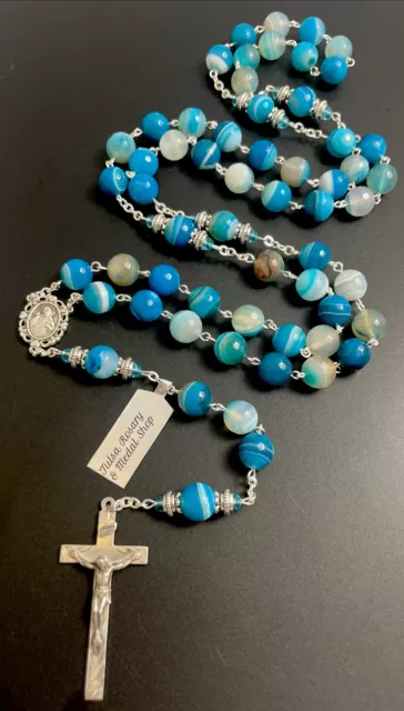 Semi Precious Apatite Stripe Agate Rosary, Sterling Silver Center & Crucifix,Tag