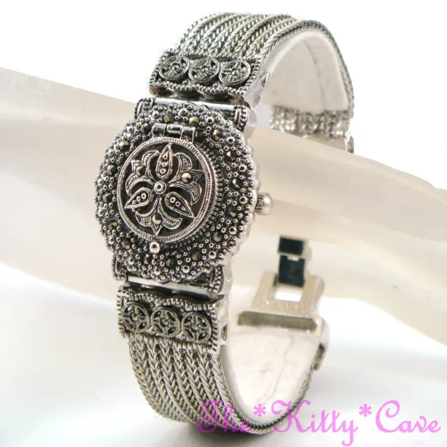 Vintage Silber Deko Nouveau Arabeske Regentschaft Markasit Damen Armbanduhr Uhr