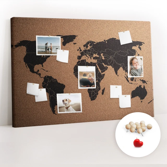 B&D XXL Cuadros Tableau en Liège Monde 120x80 cm   Tableau d'Affichage Mappemonde Cadre en Bois Grande Décoration Murale pour Bureau Maison   Carte de voyage style vintage k C 0048 p c