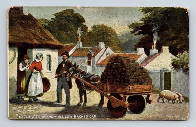 Dublin & Belfast Ireland Turf Salesman Low Backed Cart Streetview DB Postcard