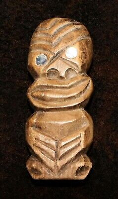 An Old or Antique Maori Wooden Amulet with Paua Shell Eyes 3 1/2" x 2 1/2"w