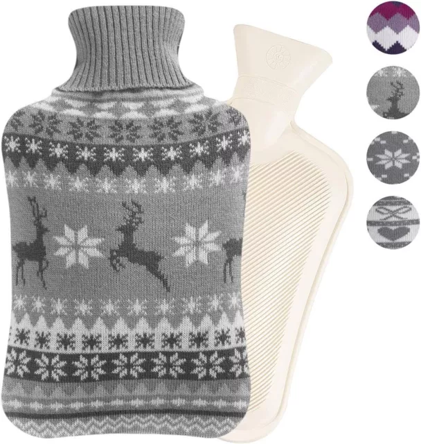 Hot Water Bottle 2 Litre with Knitted Cover Pouch Large Warm 2L Natural Rubber