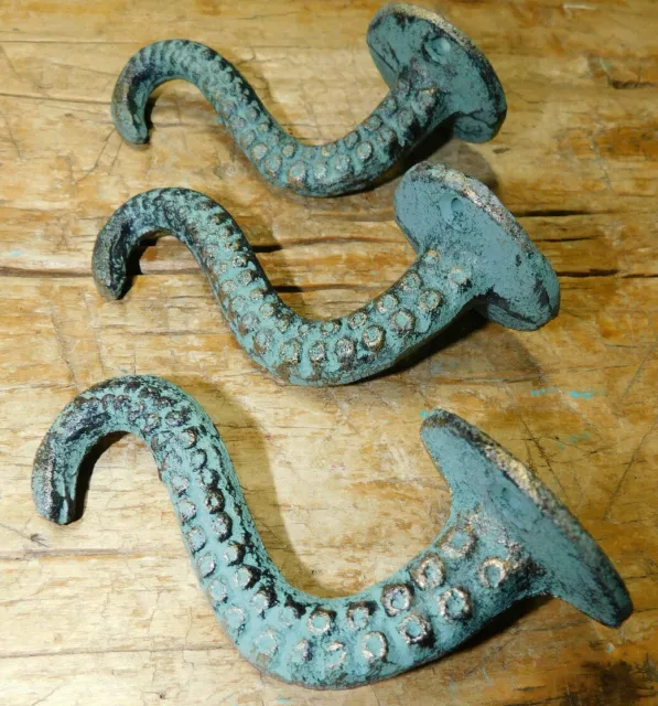 4 Cast Iron OCTOPUS TENTACLE Wall Hooks Bathroom Towel Hook Nautical Coat Key