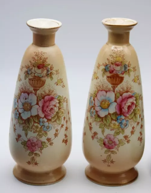 Antique Pair Fieldings Crown Devon Spring Pattern Bud Vases 6" Tall