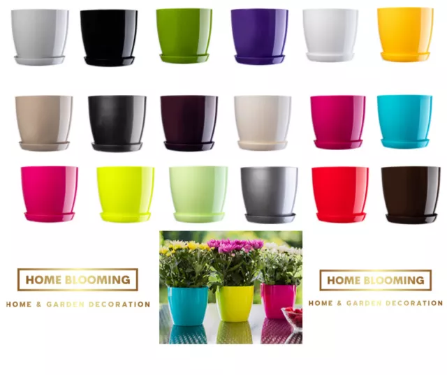 Plant Flower Pot  Plastic  Gloss Pots Planter 18 Colours Saucer Tray Deco