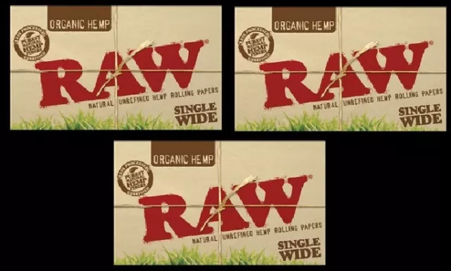 3 Packs RAW SINGLE WIDE "ORGANIC HEMP" Cigarette Rolling Papers 100 leaves each