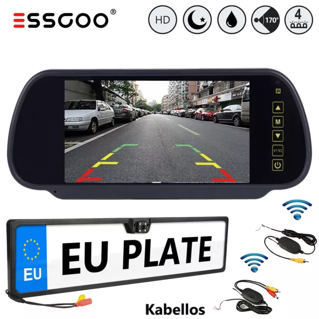 ESSGOO Rückfahrkamera Funk Kabellos Nummernschild Mit Farbig Monitor 7 Zoll Auto