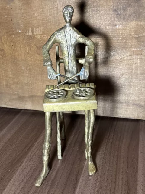 Cast Bronze Sculpture Man Playing Drums Brutalist Modern Musician Figurine Jazz