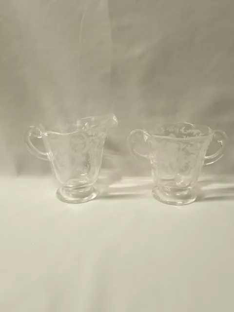 Vintage Fostoria Navarre Clear Etched Glass Open Sugar Bowl and Creamer