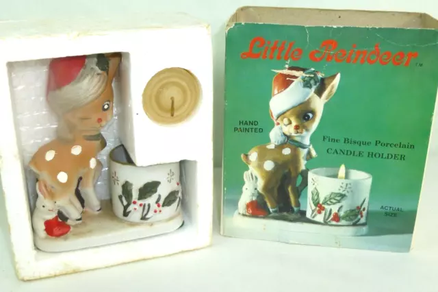 1978 Jasco Bisque Porcelain Hand Painted Little Reindeer Candle Holder Luvkins