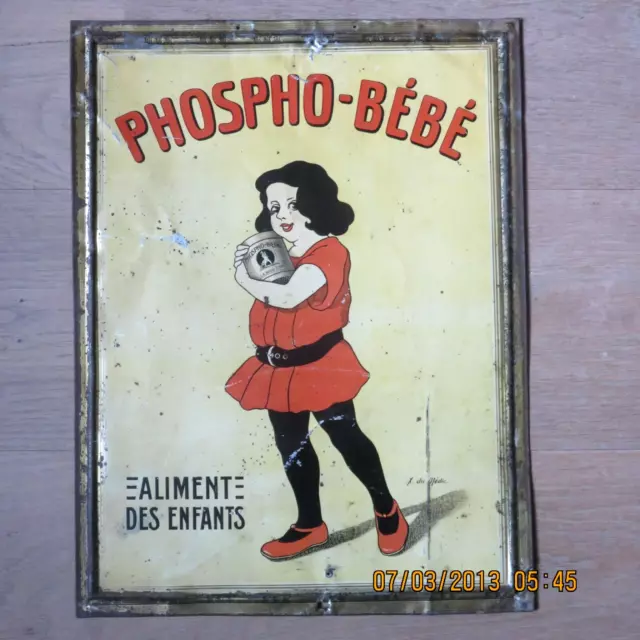 Ancienne Plaque En Tole Lithographiee: "Phospho-Bebe Aliment Des Enfants".