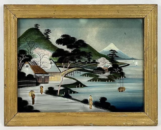 Antique Japanese Reverse Painting On Glass People Lake Boat Original Frame