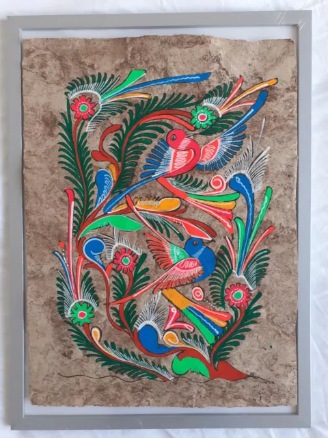 Vintage Mexican Folk art Amate Bark Painting Birds