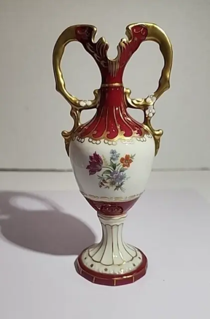 Vintage ROYAL DUX Vase - Full Marks, Red & Gold, Handles, 6.5" Tall