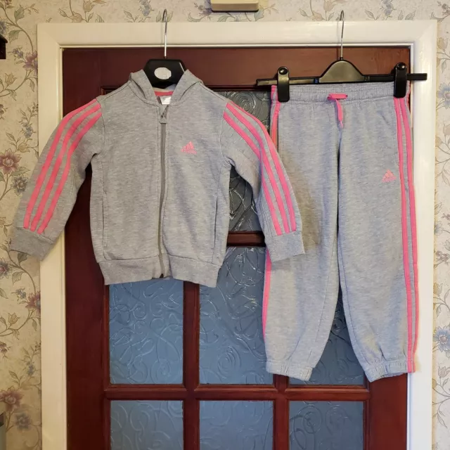 Adidas Tracksuit Hoodie Trousers Grey Pink Girls Kids Age 4-5 Great Condition