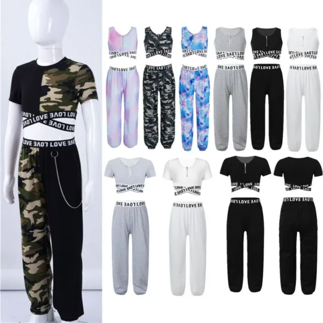 Kids Girls Crop Top Trousers Sets School Students Tracksuits Sportswear Outfits