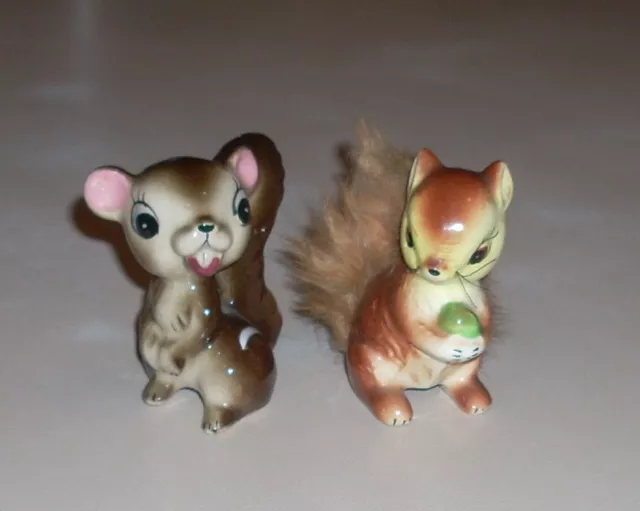 Japan Chipmunk and Squirrel w/ Fur Tail & Whiskers Figurines Ceramic