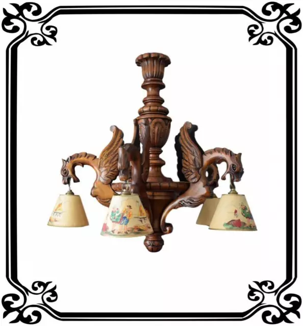 French Gothic Hand Carved Wood Large Chandelier -  Griffin Dragon 5 lights