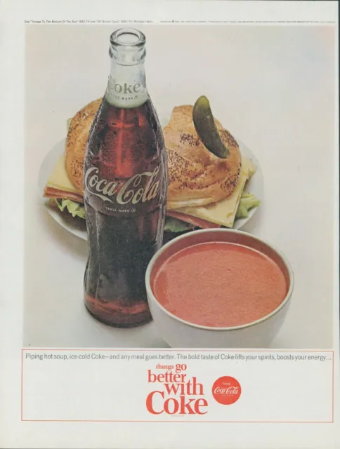 1965 Coca Cola Coke Cold Bottle Soup Bowl Sandwich Lunch Vintage Print Ad SP9