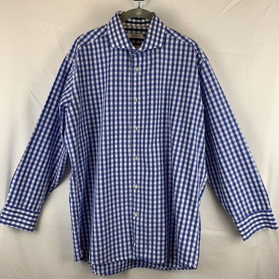 Isaac Mizrahi Mens Long Sleeve Shirt Slim Fit Blue/White Check 16 1/2  32/33