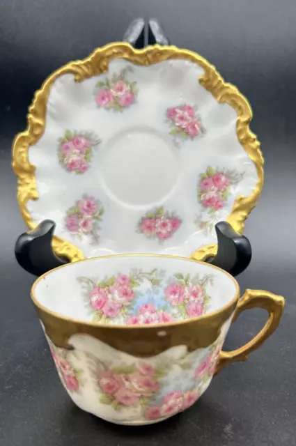 Vtg. Coronet Limoges, France Hand-Painted Gilded Floral Teacup & Saucer