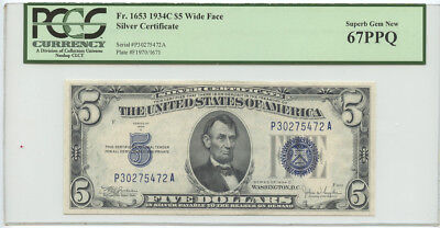 1934C $5 Silver Certificate PCGS Superb Gem New 67 PPQ Fr #1653