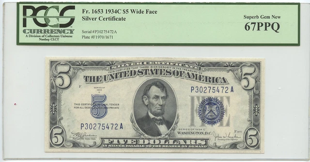 1934C $5 Silver Certificate PCGS Superb Gem New 67 PPQ Fr #1653