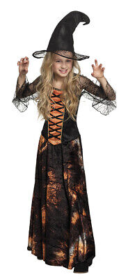Girls Orange Black Witch Costume & Hat Fancy Dress Halloween Outfit Age 4-12 NEW