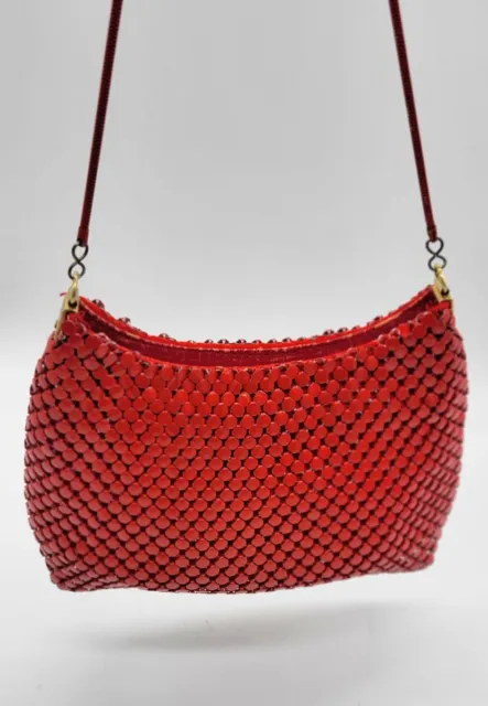 Vintage Metal Mesh Handbag Evening Bag Crossbody Snake Chain Strap 80s Red Disco